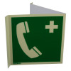 angled emergency telephone panoramic sign in green and white showing a phone handset and medical cross symbol