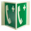 Front view of emergency telephone panoramic sign showing white telephone handset and cross on green background