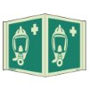 panoramic sign showing an icon of a breathing apparatus mask with a medical cross on a green background