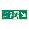 Front view of nhs fire exit sign dr size k rp showing running figure, flames, and arrow pointing down right