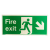 Front view of a fire exit sign rigid plastic down right size j showing running figure and arrow pointing down right