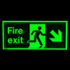 fire exit sign rigid plastic down right size j showing glowing green running figure and arrow in dark