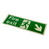 Angled view of a fire exit sign rigid plastic down right size t showing white text and symbols on a green background
