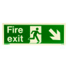 fire exit sign rigid plastic down right size t showing a green and white sign with a running figure and arrow pointing downwards to the right