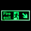 Glow in the dark fire exit sign rigid plastic down right size t showing running figure and arrow pointing down right