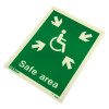 angled safe area sign rigid plastic showing a green background with a wheelchair symbol and arrows pointing inward