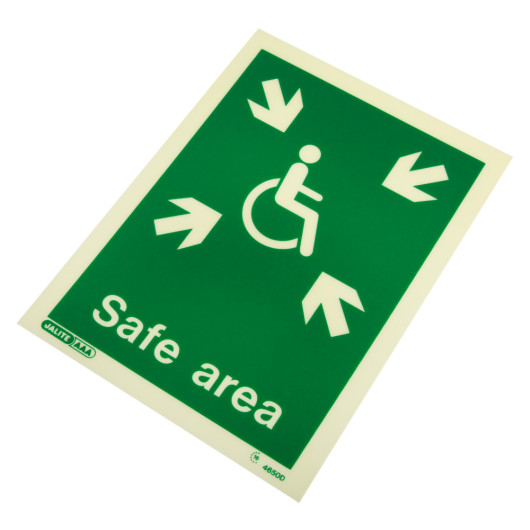 angled safe area sign rigid plastic showing a green background with a wheelchair symbol and arrows pointing inward