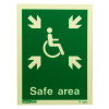 Front view of safe area sign rigid plastic showing a white wheelchair symbol surrounded by four arrows on green background