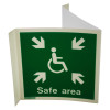 angled view of a safe area panoramic sign showing a disabled access symbol and arrows pointing inward