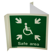angled view of a safe area panoramic sign showing a disabled access symbol and arrows pointing inward
