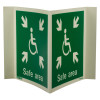 Front view of a safe area panoramic sign showing a white wheelchair symbol and arrows on a green background with safe area text