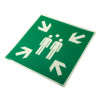 angled view of an assembly point sign rigid plastic showing two figures with arrows pointing inward on a green background