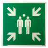 Front view of assembly point sign rigid plastic showing two white figures and four arrows on green background