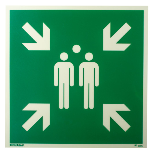 Front view of assembly point sign rigid plastic showing two white figures and four arrows on green background