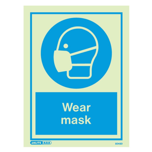 wear mask sign showing a side view of a person’s head wearing a mask in a blue circle with text below