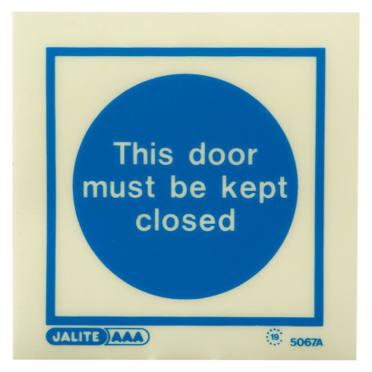 Image of Js5067A Jalite This Door Must Be Kept Closed vinyl sign with blue text and border on a white background