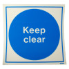 keep clear sign vinyl with a blue circle and white text saying keep clear shown from the front