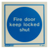 fire door keep locked shut sign made of rigid plastic showing front view with blue circle and white text