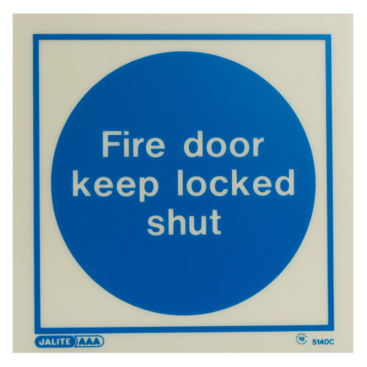 fire door keep locked shut sign made of rigid plastic showing front view with blue circle and white text