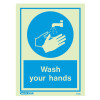wash your hands sign showing hands under running water with text wash your hands in blue and white