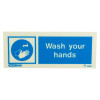 wash your hands sign landscape showing hands being washed under a tap with water droplets and text wash your hands