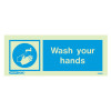 wash your hands signs showing blue and white illustration of hands under running water next to text wash your hands
