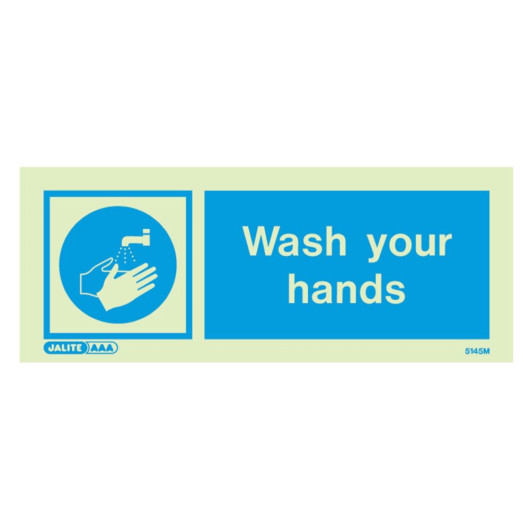 wash your hands signs showing blue and white illustration of hands under running water next to text wash your hands