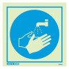 Square wash your hands sign showing two hands under running water from a tap on a blue and cream background