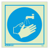 Front view of square photoluminescent wash your hands sign showing hands under a tap with water droplets