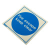 fire escape keep clear sign vinyl showing a blue circle with white text on a pale square background seen at an angle