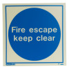 Front view of a fire escape keep clear sign vinyl showing white text on a blue circle background