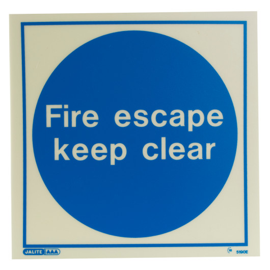 Front view of a fire escape keep clear sign vinyl showing white text on a blue circle background
