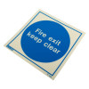 angled fire exit keep clear sign vinyl with white text on a blue circle background on white square material