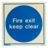 Front view of fire exit keep clear sign vinyl with white text on a blue circular background