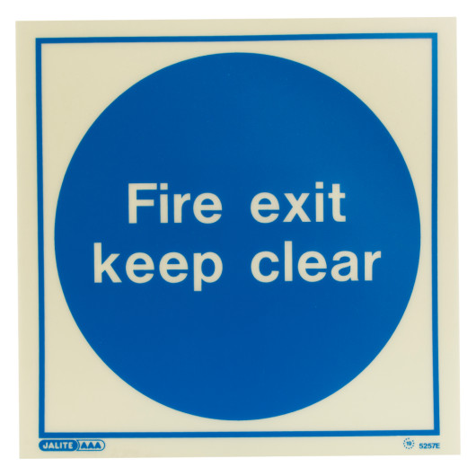Front view of fire exit keep clear sign vinyl with white text on a blue circular background