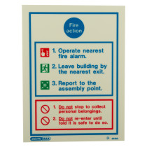 fire action sign showing instructions to operate fire alarm, leave by nearest exit, and report to assembly point front view