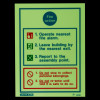 Glowing fire action sign showing instructions to operate alarm, leave by nearest exit, and report to assembly point
