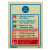 fire action sign showing front with instructions to operate fire alarm leave building and report to assembly point
