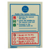 Front view of fire action sign showing emergency instructions in blue, red, and green text with symbols