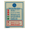Front of a fire action sign showing numbered safety instructions and warnings in blue, red, and green text and symbols