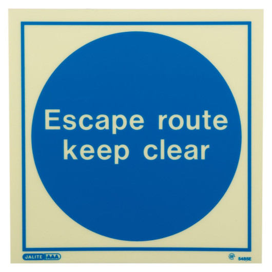 Js5485Er Jalite rigid plastic escape route keep clear mandatory sign showing blue circle with white text