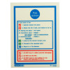 fire action sign showing fire event instructions with steps and warnings in red, blue, and green text on a white background