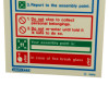 Bottom section of a fire action sign showing safety instructions and assembly point information in red, green, and blue panels