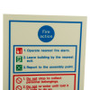 fire action sign showing instructions to operate alarm, leave building, and report to assembly point viewed from the top