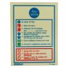 fire action sign showing instructions in blue and red text on a cream background, front view
