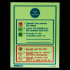 Glowing fire action sign showing fire safety instructions with symbols and text in blue and red on a pale background