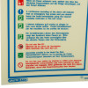 Closeup of fire action sign showing safety instructions and symbols in multiple languages