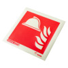 angled fire equipment location id sign showing a white helmet and fire flames symbol on a red square background