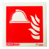 fire equipment location id sign showing front with a white helmet and flame symbols on a red background