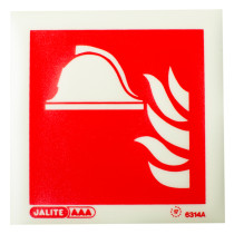fire equipment location id sign showing front with a white helmet and flame symbols on a red background